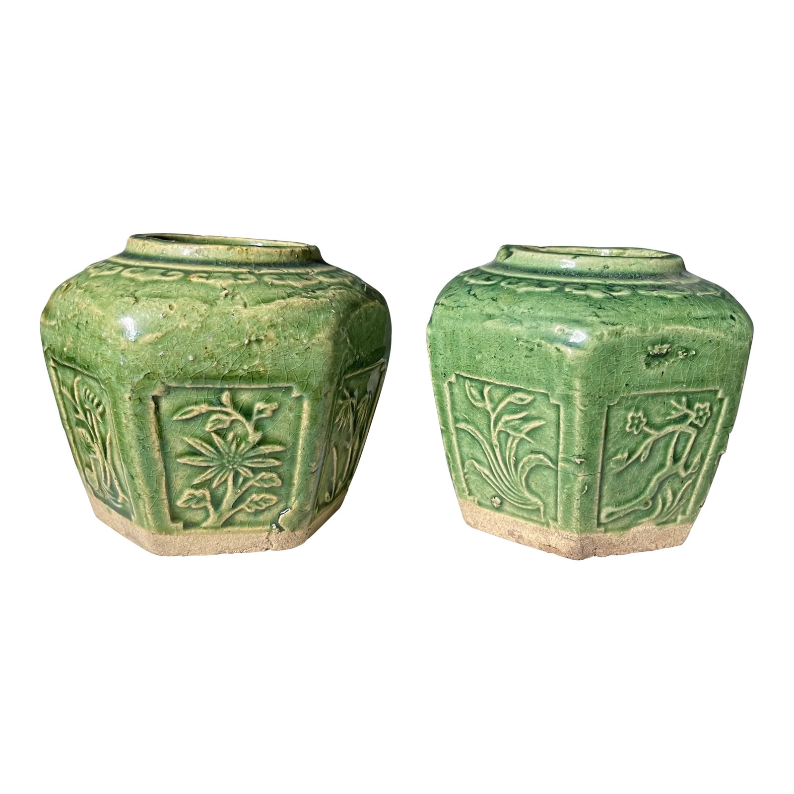 Antique Chinese Green Earthenware Jars - a Pair: Beautiful pair of antique Chinese jars. Earthenware with green glaze. Bamboo and floral motif. Condition: Alterations: Original Condition Unaltered Imperfections: Some Imperfections Condition Notes: