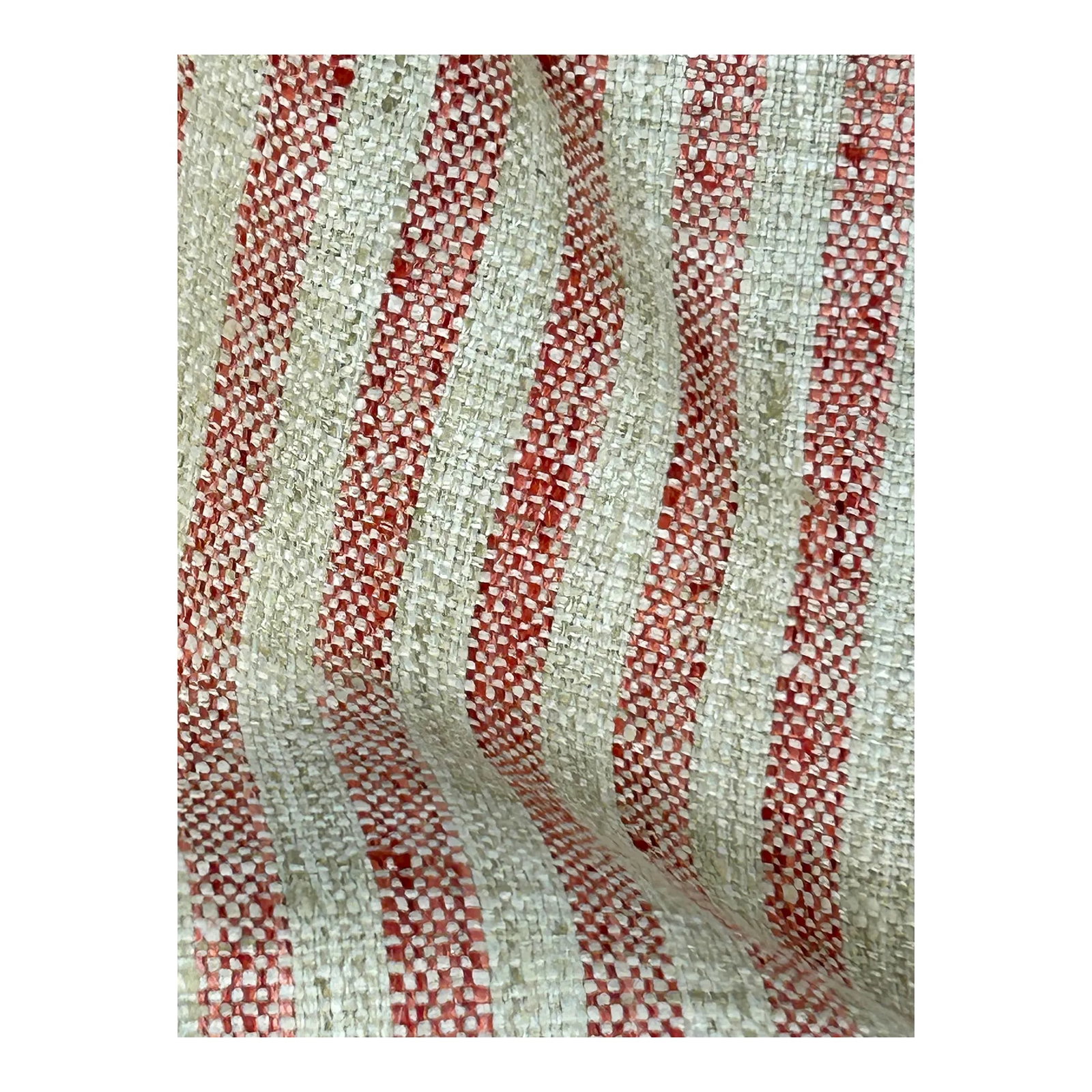 Kravet "Kravet Basics" Woven Stripe- 6 Yards: An attractive tone and off-tone 3/8" wide vertical stripes in corals and sands. The synthetic yarn has a slubby warp and weft yarn that closely resembles hand woven Indian plain silks. The abrasion