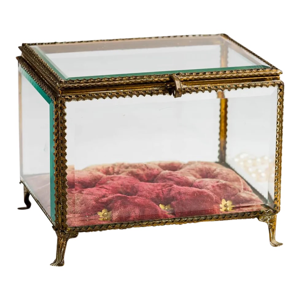 Large 19th C. French Beveled Glass Tufted Raspberry Velvet Jewelry Box Vitrine: Photos don't do justice to this amazing large 19th century French beveled glass and tufted velvet jewelry box/vitrine. Purchased from a longtime collector of antique French vitrines. The box has a
