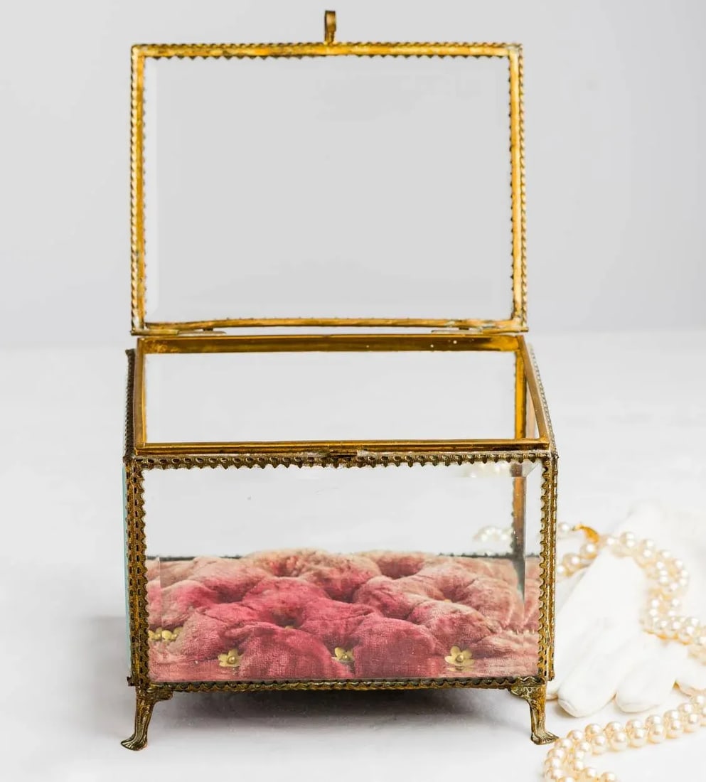 Large 19th C. French Beveled Glass Tufted Raspberry Velvet Jewelry Box Vitrine - 2