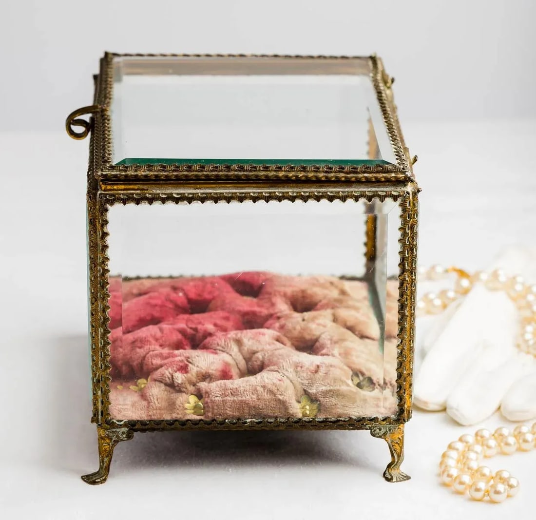 Large 19th C. French Beveled Glass Tufted Raspberry Velvet Jewelry Box Vitrine - 4