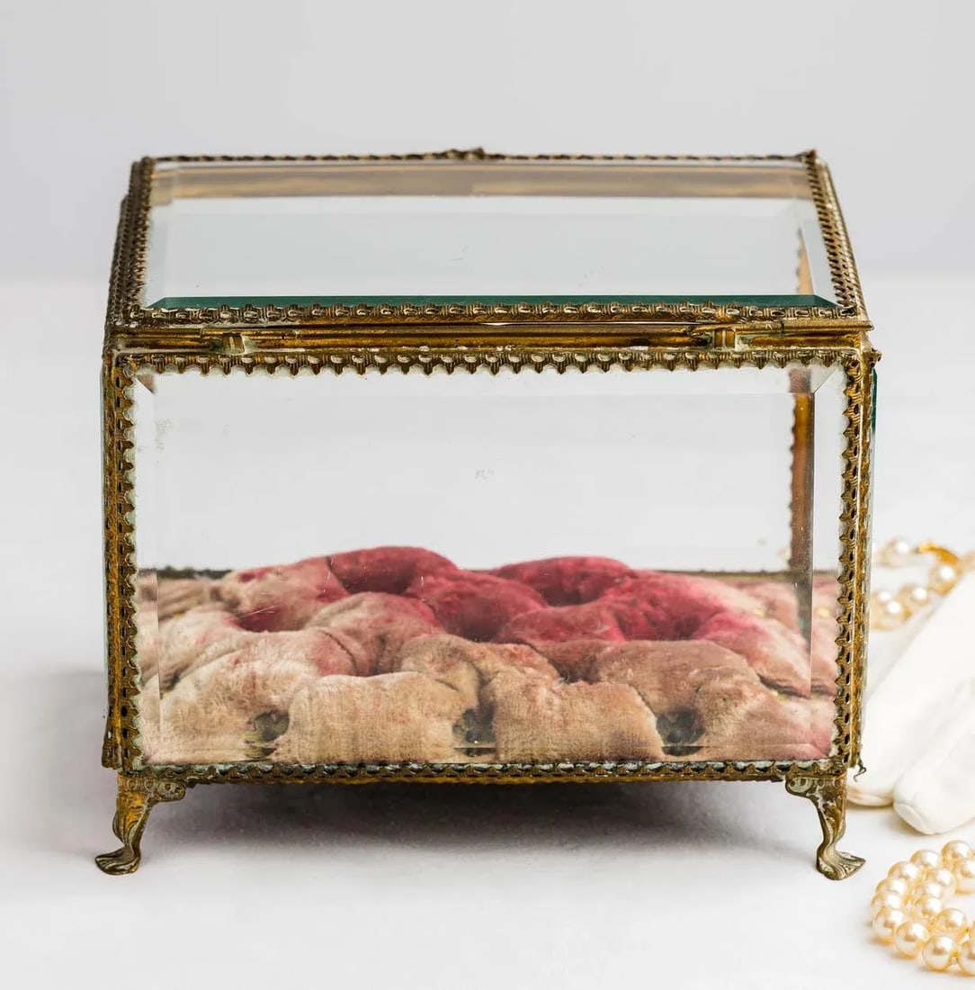 Large 19th C. French Beveled Glass Tufted Raspberry Velvet Jewelry Box Vitrine - 5