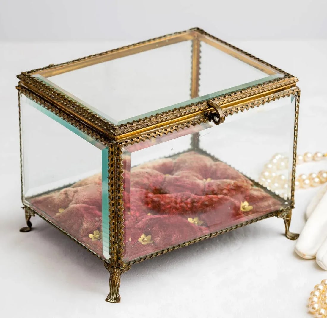 Large 19th C. French Beveled Glass Tufted Raspberry Velvet Jewelry Box Vitrine - 6