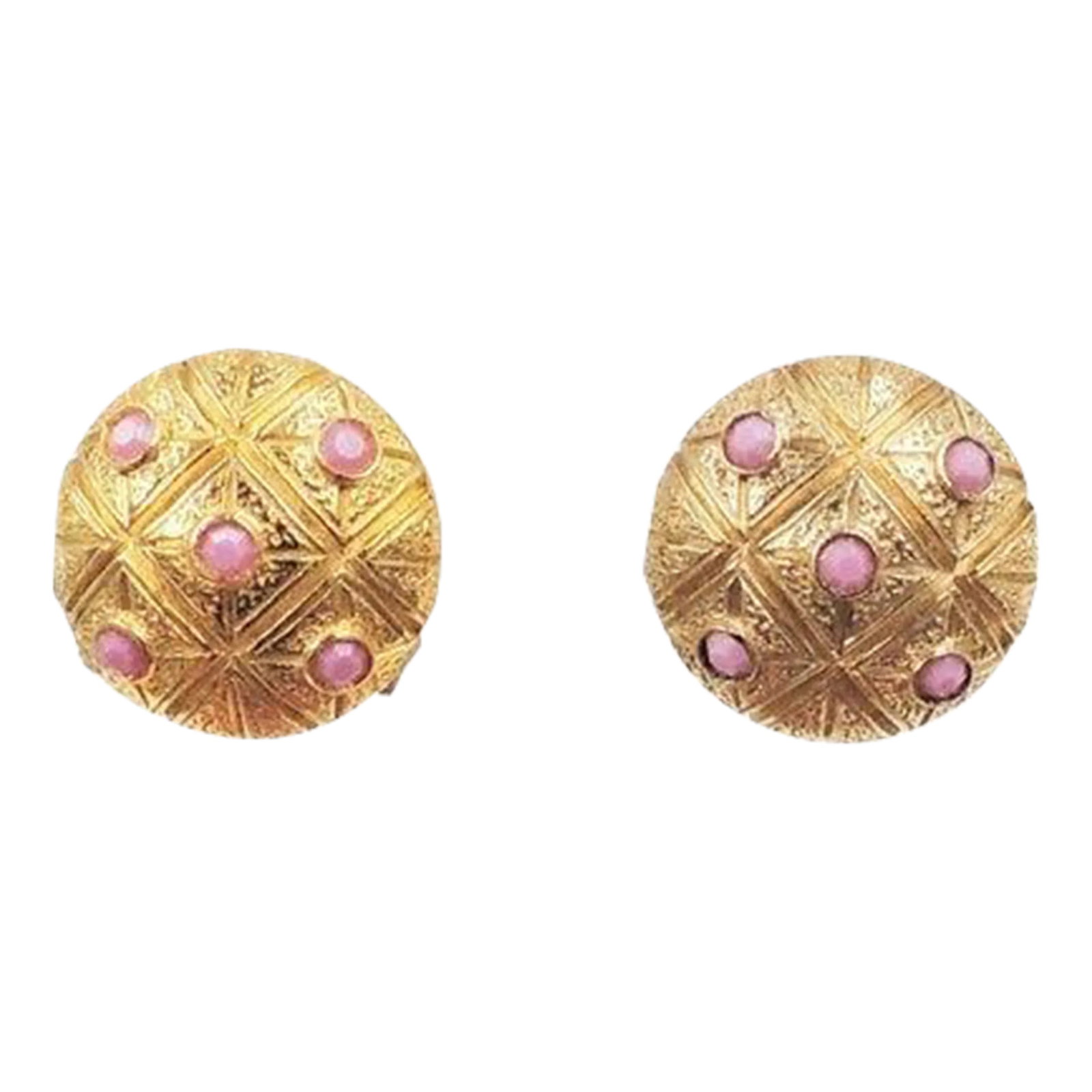 Vintage 1960s Signed Castlecliff Round Pink Rhinestone Clip Earrings - 2 Pieces: This is part of Chairish's Costume Jewelry assortment. 1960s goldtone round domed pink rhinestone clip earrings. Marked "Castlecliff." Measure: 15/16 inches across. Condition: Very good; one is slight