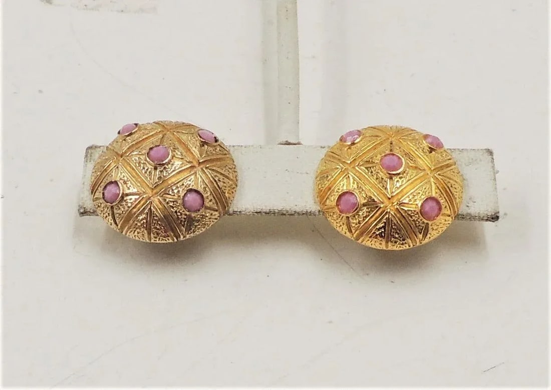 Vintage 1960s Signed Castlecliff Round Pink Rhinestone Clip Earrings - 2 Pieces - 3