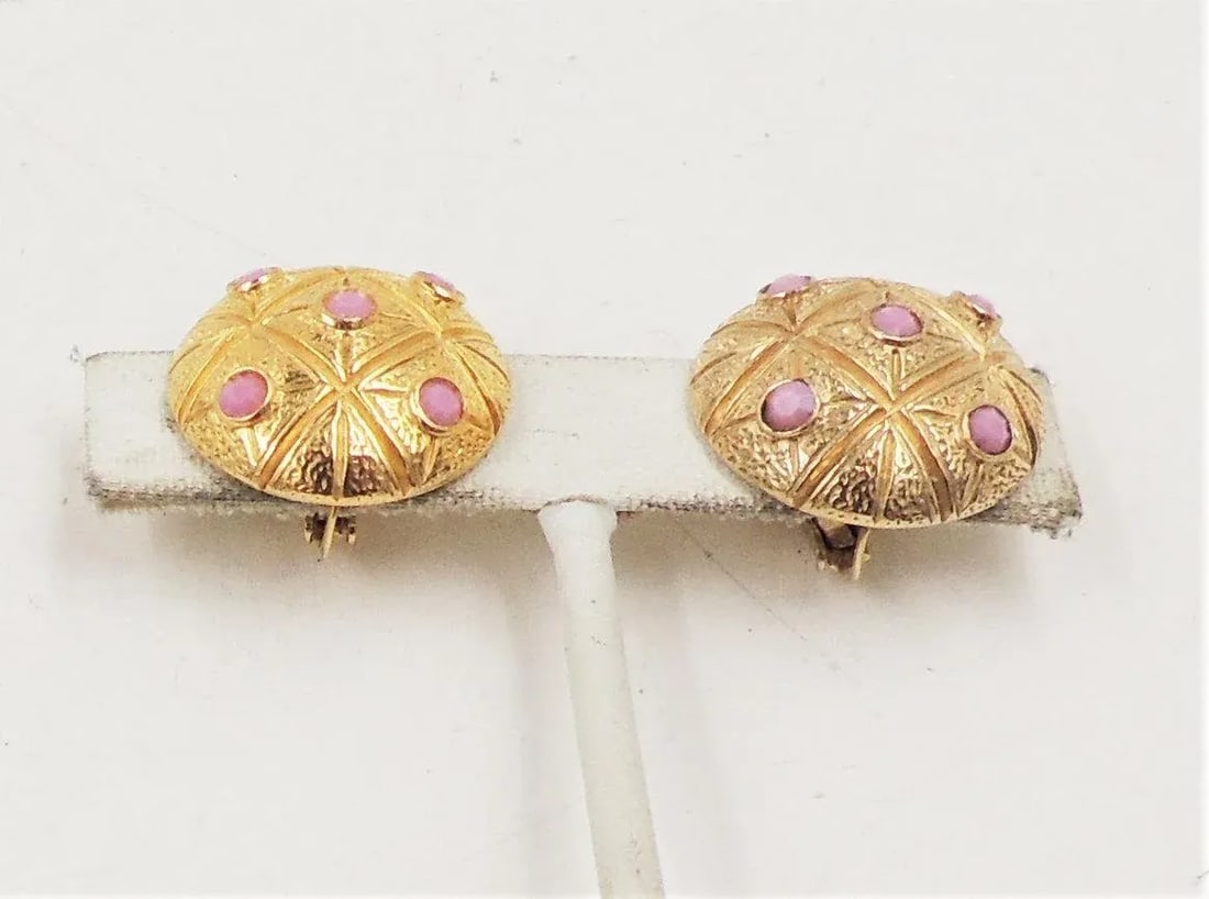 Vintage 1960s Signed Castlecliff Round Pink Rhinestone Clip Earrings - 2 Pieces - 4
