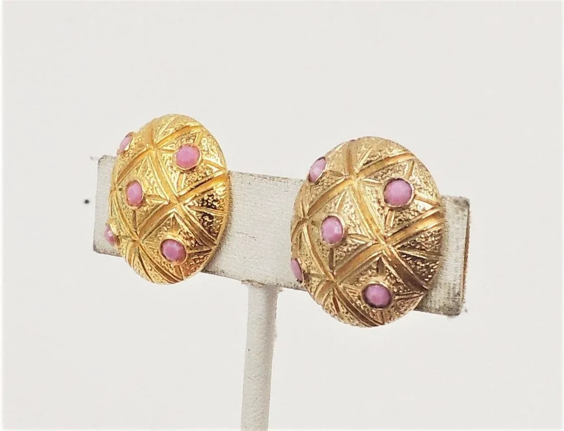 Vintage 1960s Signed Castlecliff Round Pink Rhinestone Clip Earrings - 2 Pieces - 5