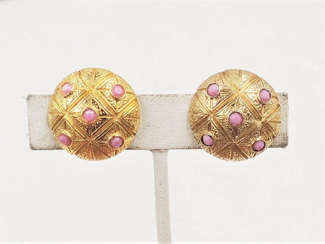 Vintage 1960s Signed Castlecliff Round Pink Rhinestone Clip Earrings - 2 Pieces - 6
