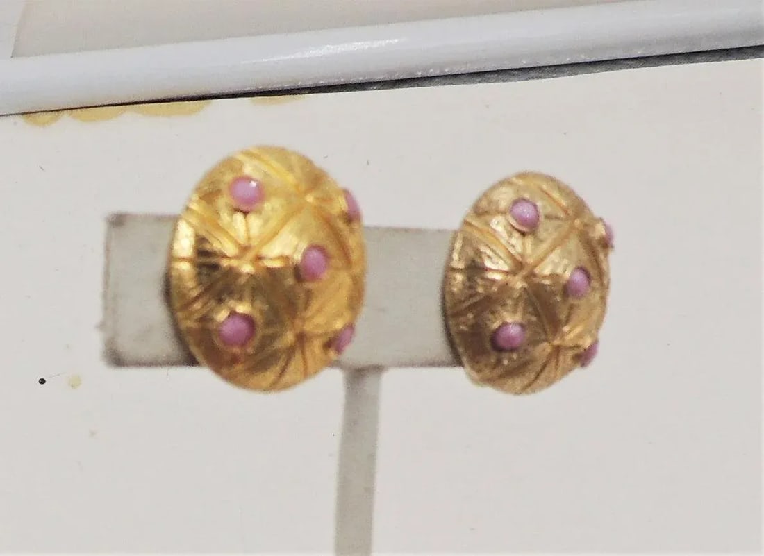 Vintage 1960s Signed Castlecliff Round Pink Rhinestone Clip Earrings - 2 Pieces - 7
