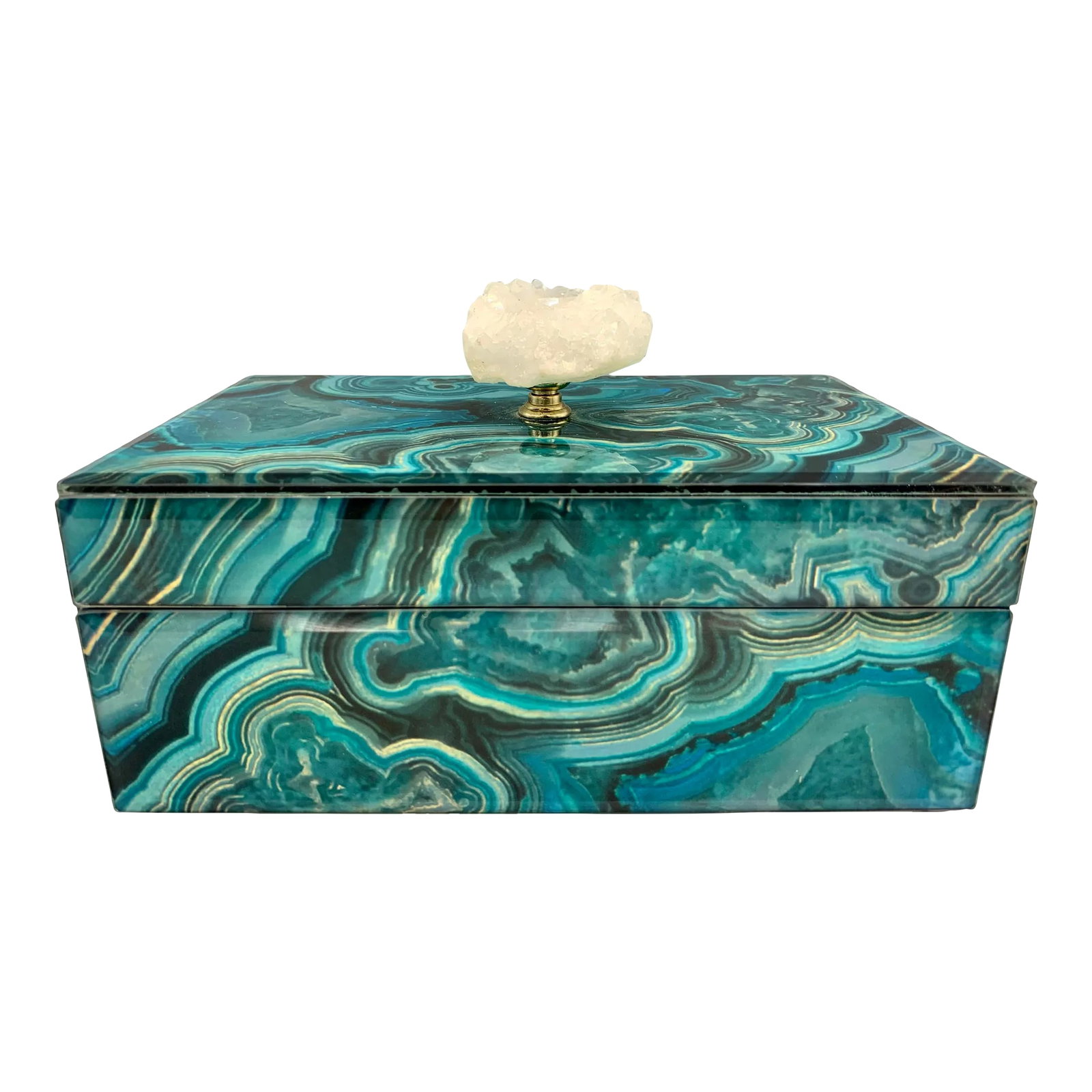 Vintage Faux Malachite Box With Crystal Finial: A stunning, large faux malachite turquoise box with a crystal geode finial on top. Black velvet interior and underside. This is a stunning vintage box that could be used for jewelry or decorative