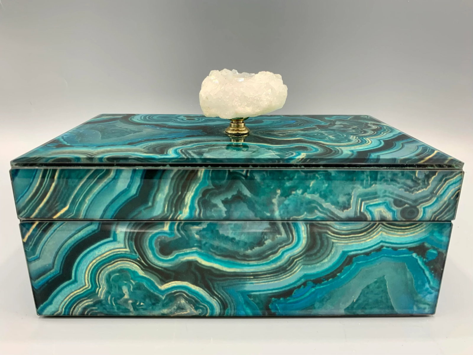 Vintage Faux Malachite Box With Crystal Finial - 2