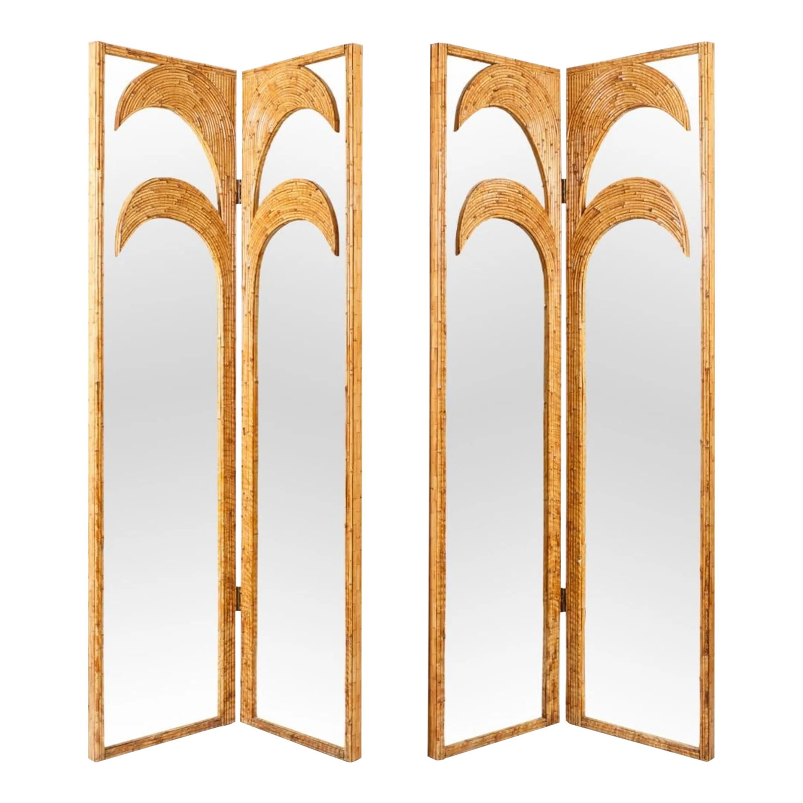 Vivai Del Sud Italian 1970's Split Reed Mirrored Screens: Pair of 1970's Italian split reed mirrored wall screens, room dividers. Made by Vivai del Sud. Each panel section measures 20.5" or 42" across, height 84", depth 2" . The pair of panels can be used