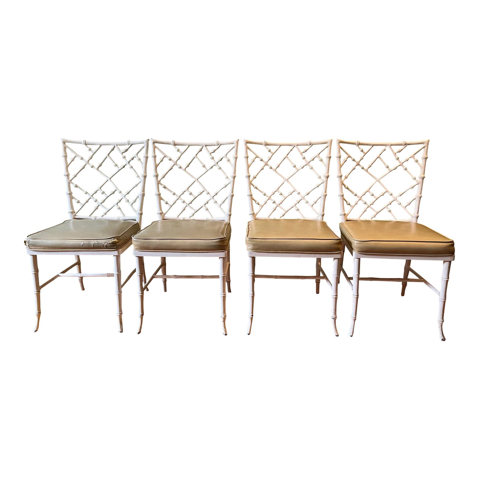 1960s Phyllis Morris for Kessler Wrought Iron Faux Bamboo Dining Chairs - Set of 4: High end set of four wrought iron patio chairs. Phyllis Morris for Kessler. From the 1960's, these chairs have their original finish, a creamy off white. Designed for an outdoor area, these heavy chai