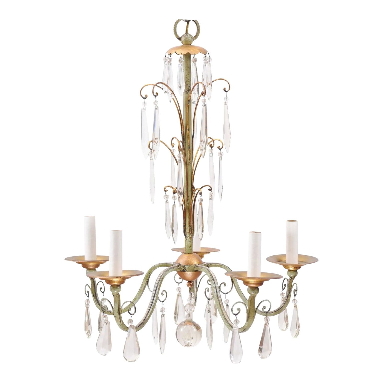 Early 20th Century Gilt & Green Painted Chandelier - Italy: This 5-light vintage piece has a beautiful juxtaposition of gilt brass and painted iron in a verdis-olive green tone. The original U-Drop and coffin shaped crystals are all present. The bottom is