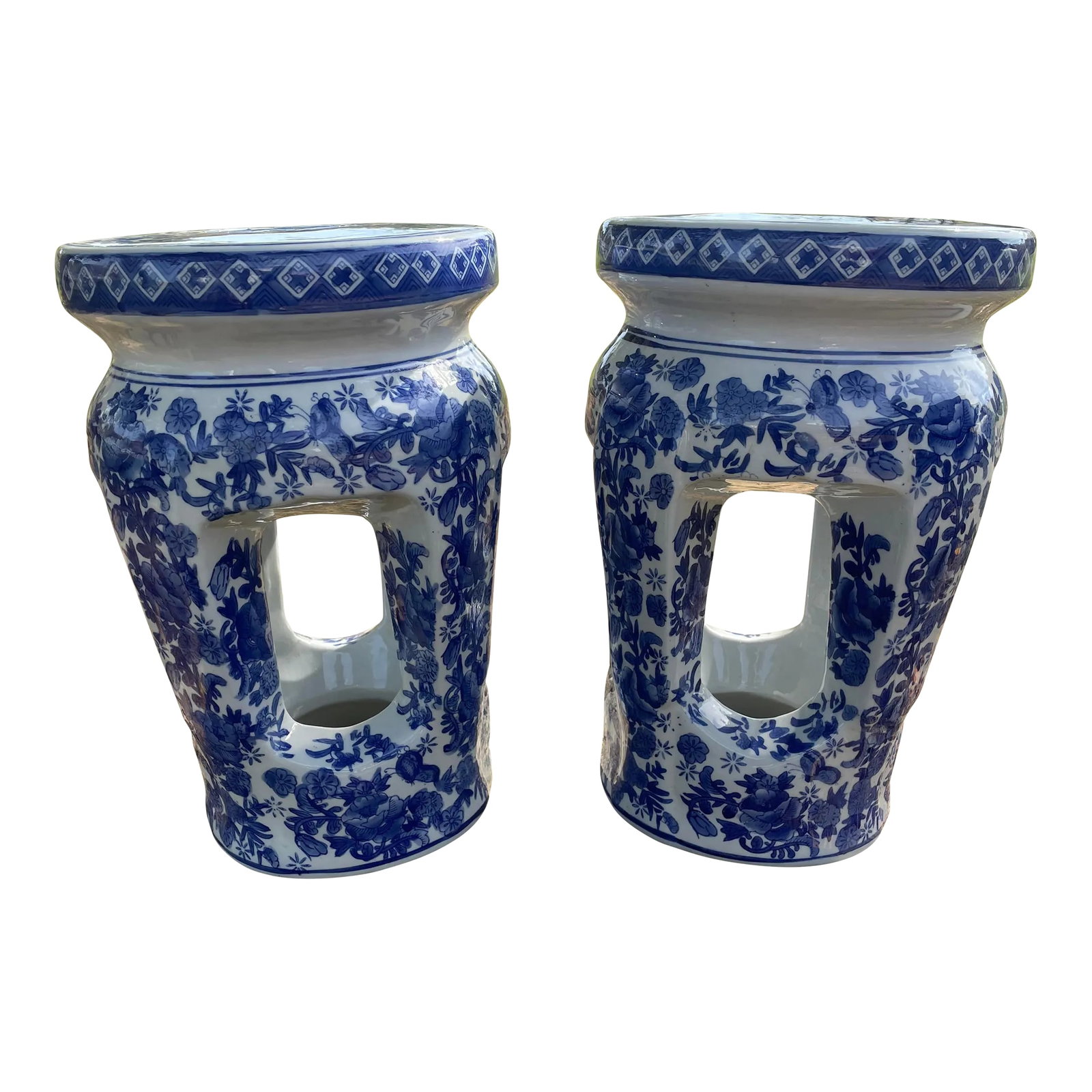 1950s Pair of Vintage Mid-Century French Country Open Column Blue and White Garden Stools (1 of 7)