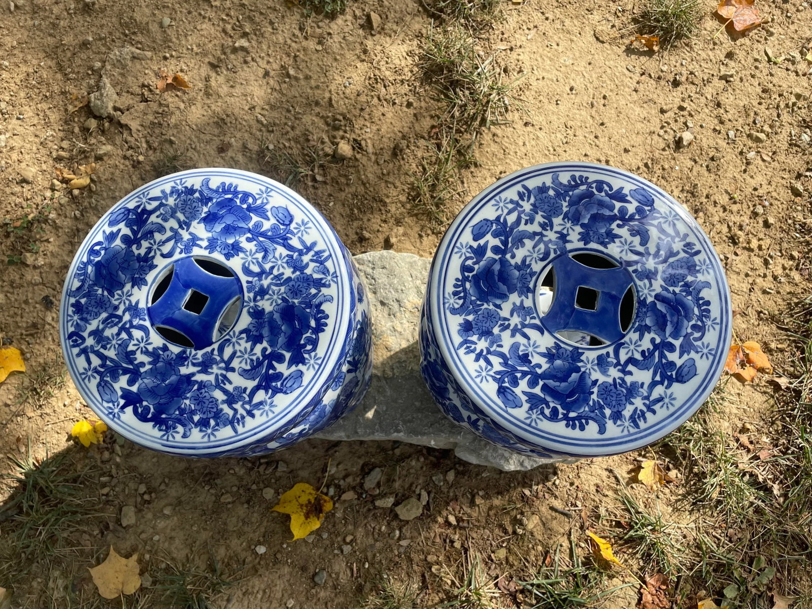 1950s Pair of Vintage Mid-Century French Country Open Column Blue and White Garden Stools - 2
