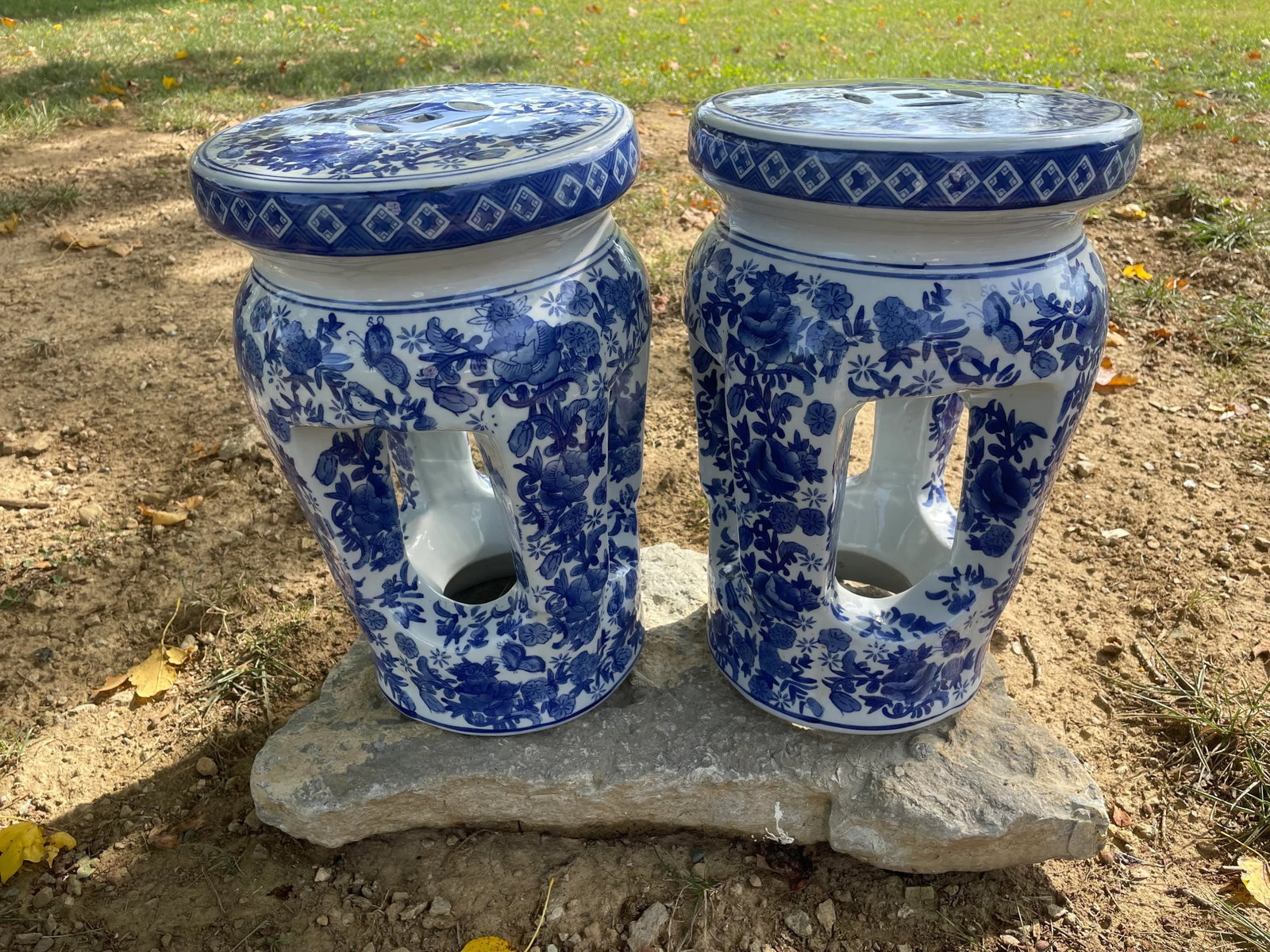 1950s Pair of Vintage Mid-Century French Country Open Column Blue and White Garden Stools - 3