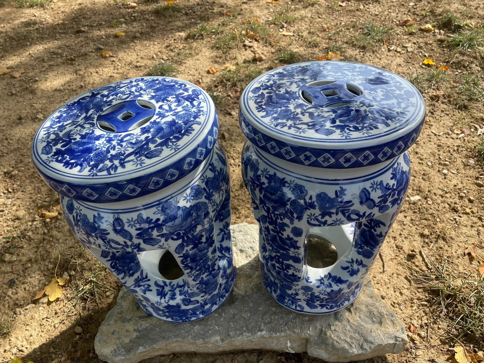 1950s Pair of Vintage Mid-Century French Country Open Column Blue and White Garden Stools - 4