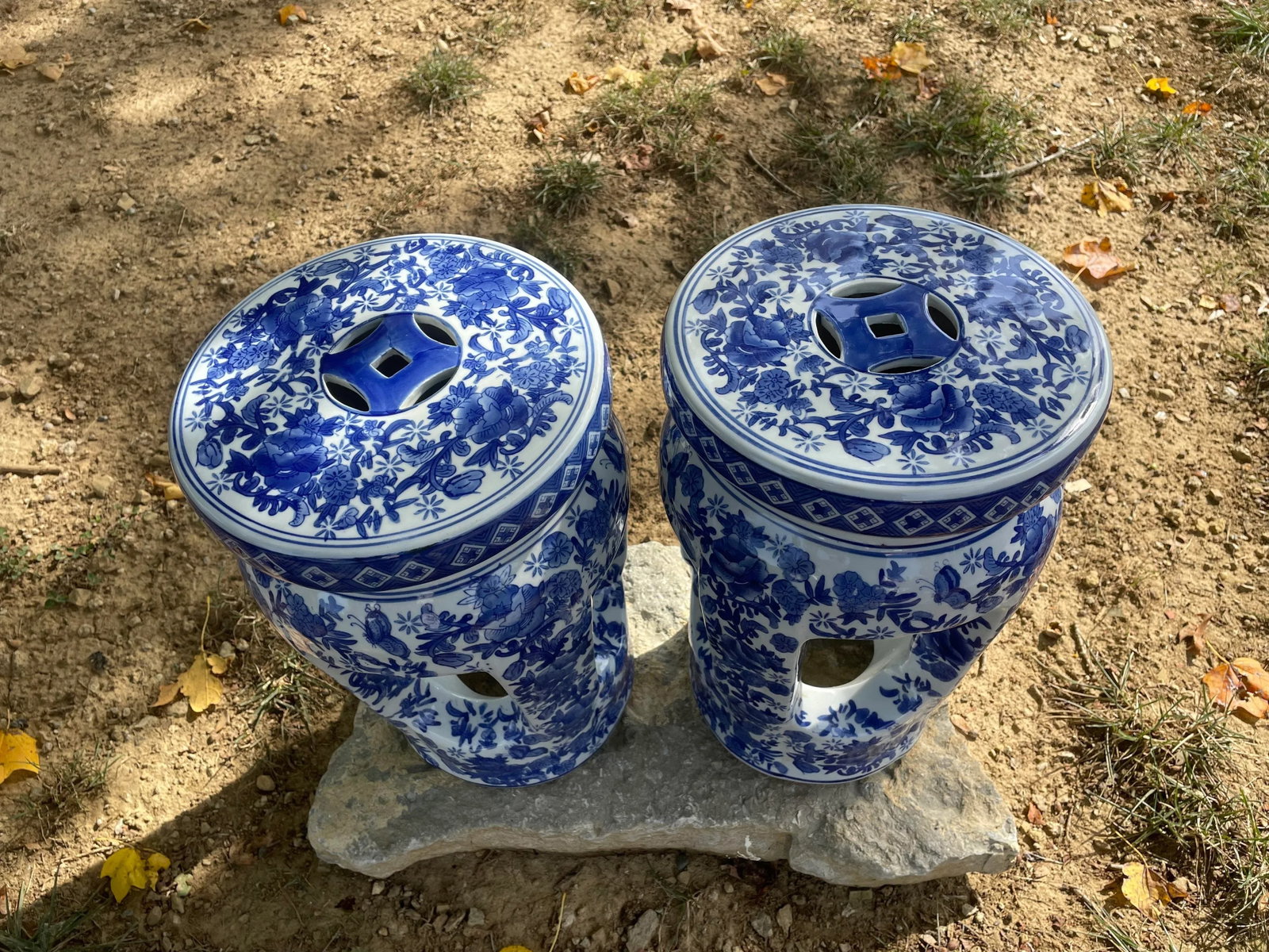 1950s Pair of Vintage Mid-Century French Country Open Column Blue and White Garden Stools - 5