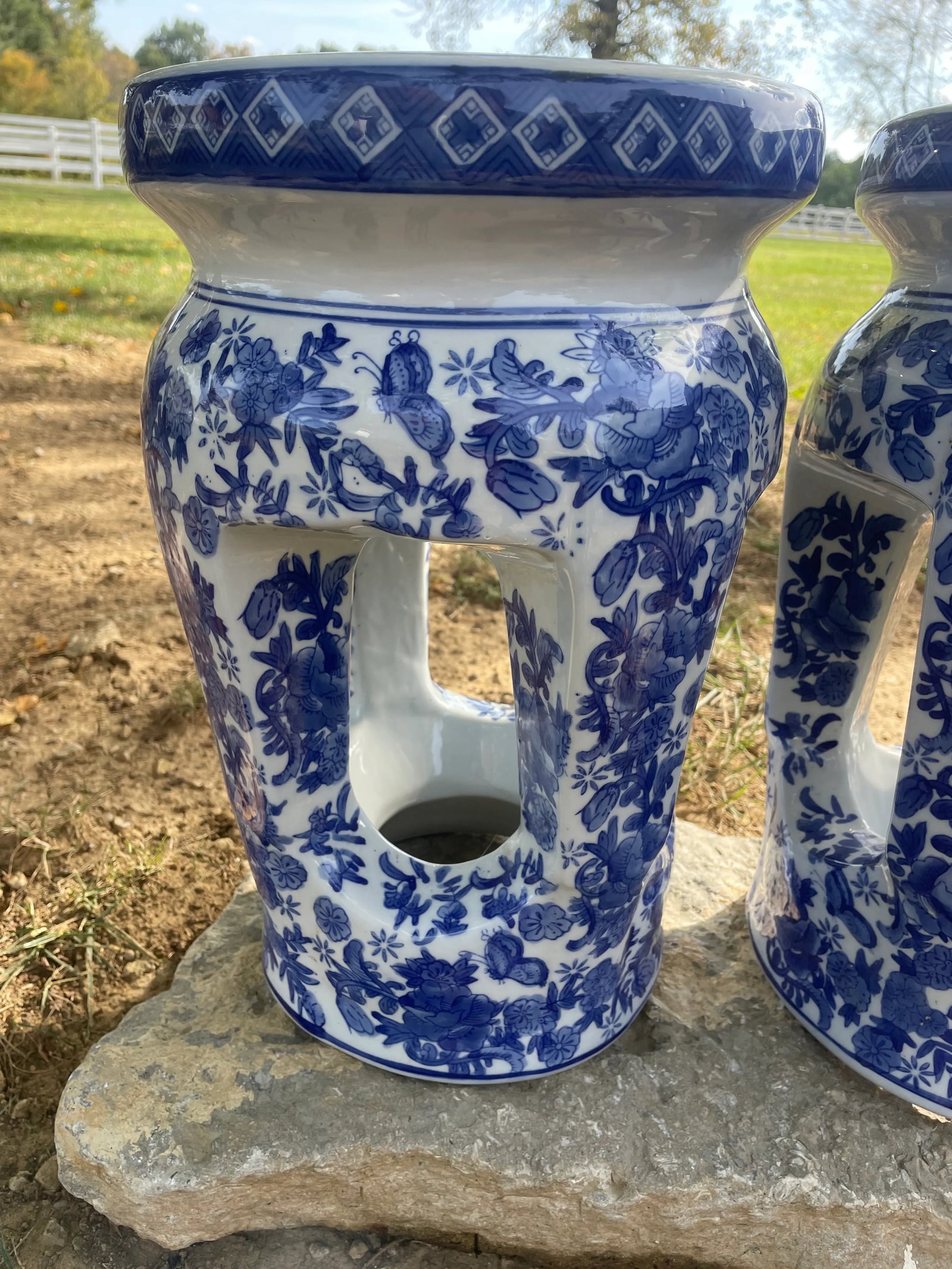 1950s Pair of Vintage Mid-Century French Country Open Column Blue and White Garden Stools - 6