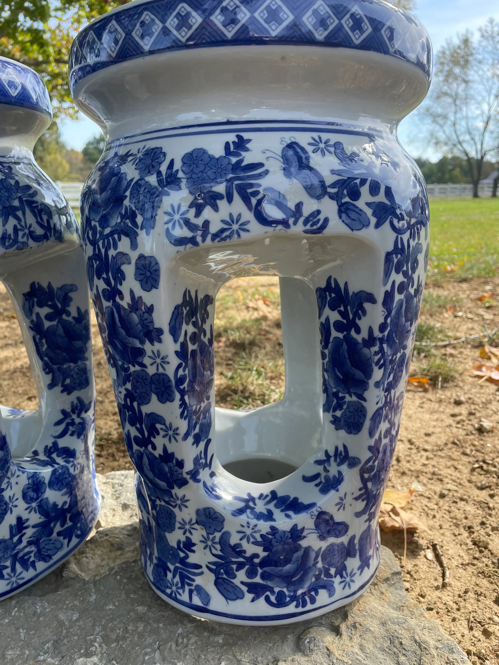1950s Pair of Vintage Mid-Century French Country Open Column Blue and White Garden Stools - 7