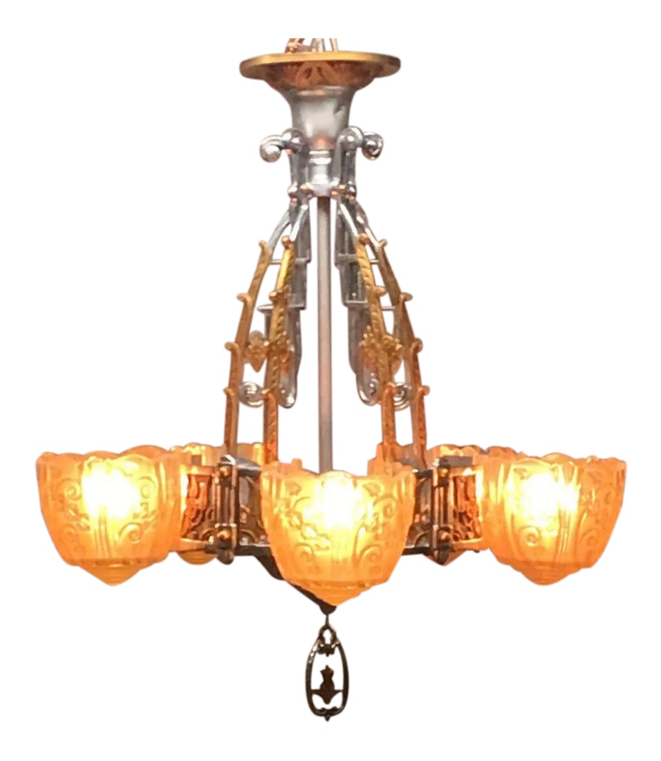 1930s Art Deco Chandelier by Lincoln Manufacturing: Made by Lincoln Manufacturing in the mid 1930s, original glass with new paint and polished aluminum, after the original paint scheme. This is for shorter ceilings---we also have one *stunning* pair of