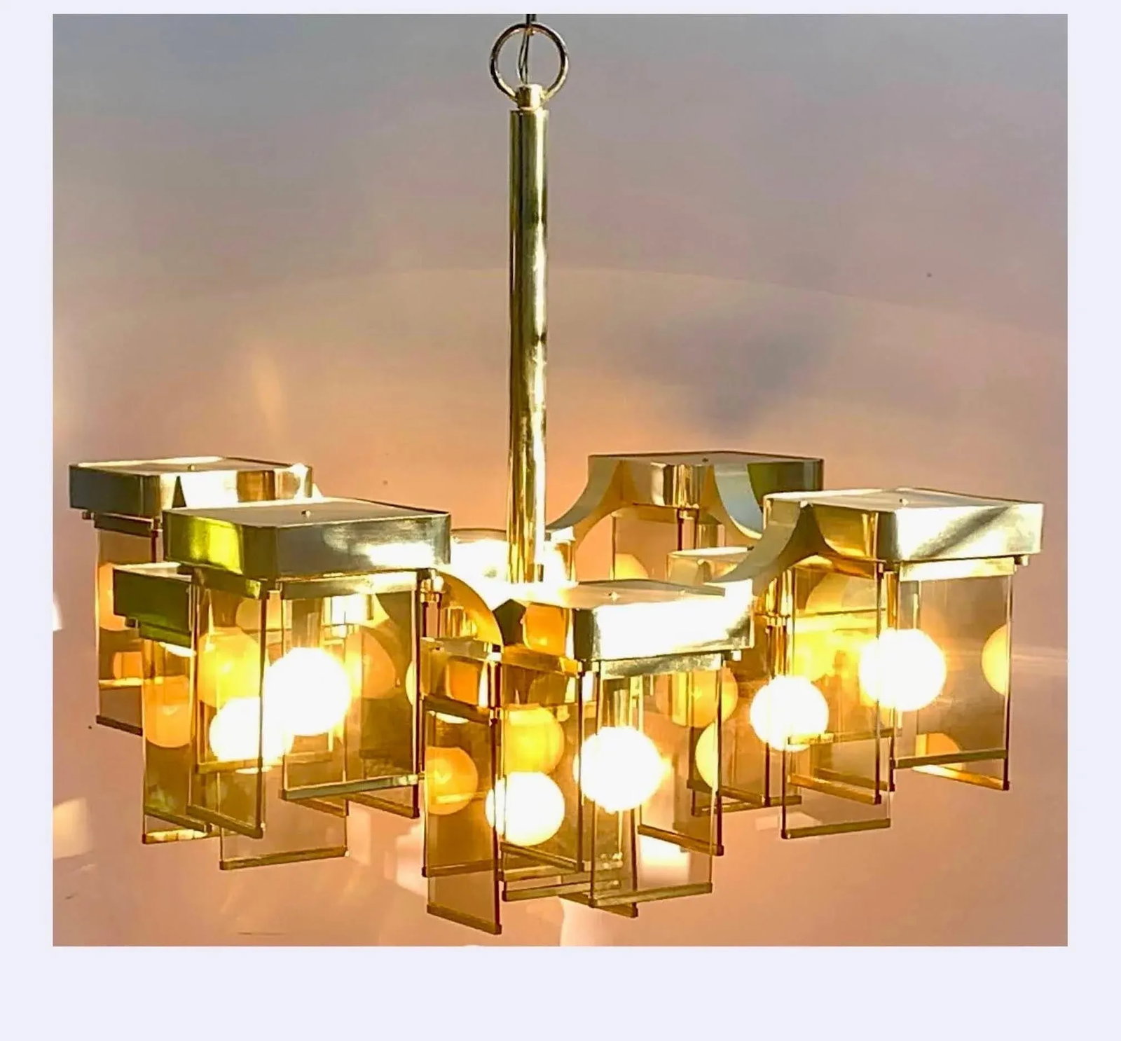 1970s Italian Gaetano Sciolari Midcentury Modern Brutalist 9-Arm Brass and Smoke Glass Chandelier - 11