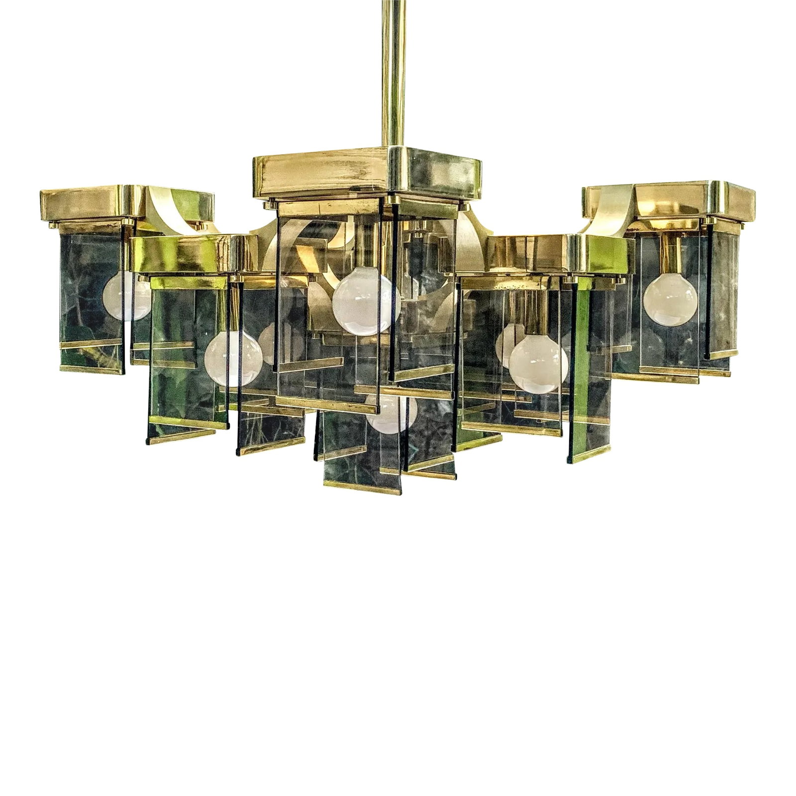 1970s Italian Gaetano Sciolari Midcentury Modern Brutalist 9-Arm Brass and Smoke Glass Chandelier (1 of 12)