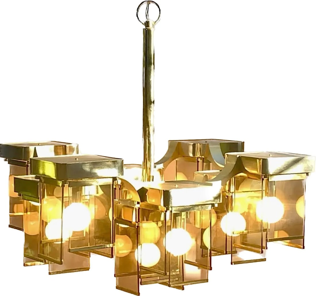 1970s Italian Gaetano Sciolari Midcentury Modern Brutalist 9-Arm Brass and Smoke Glass Chandelier - 2