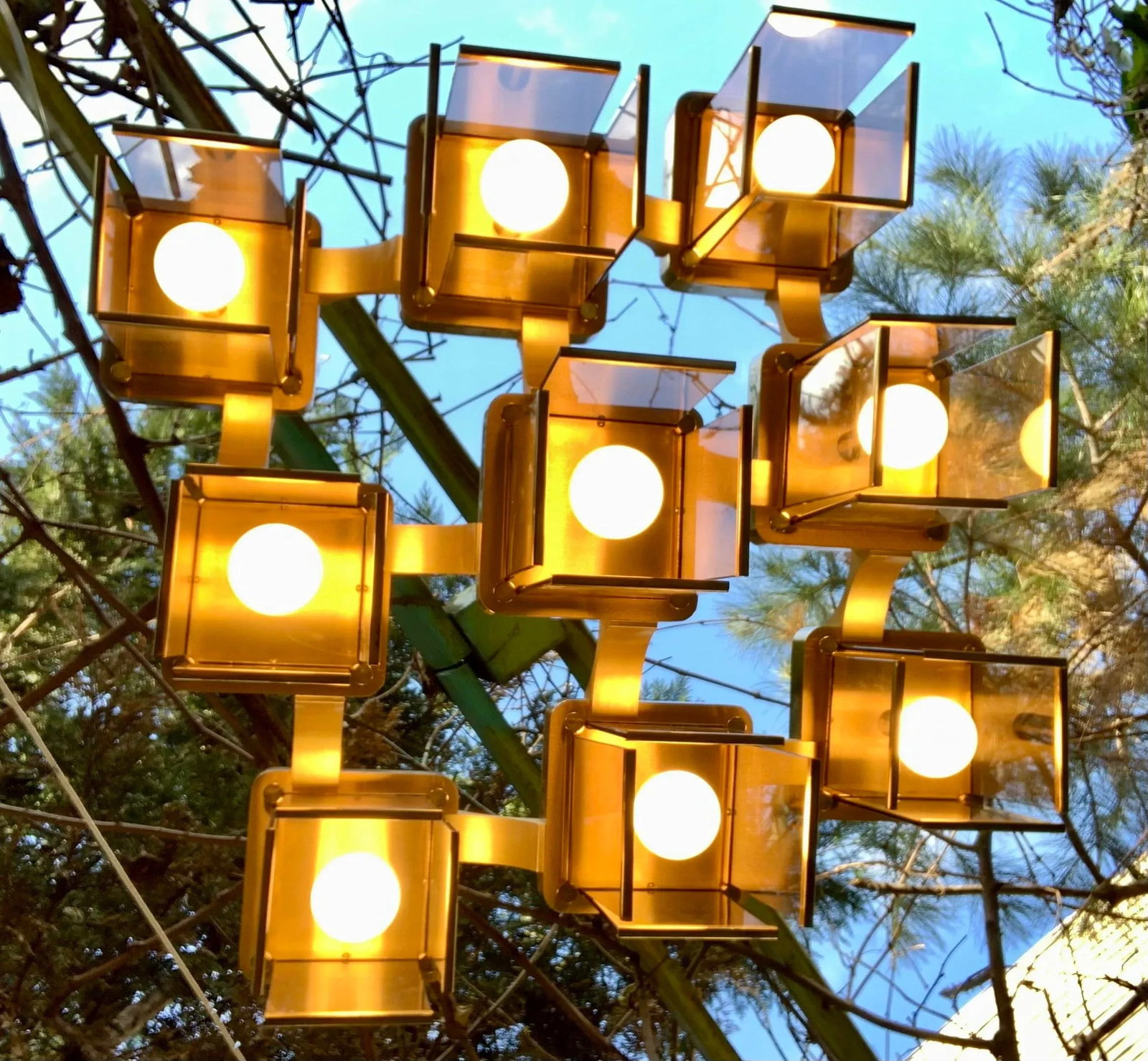 1970s Italian Gaetano Sciolari Midcentury Modern Brutalist 9-Arm Brass and Smoke Glass Chandelier - 3