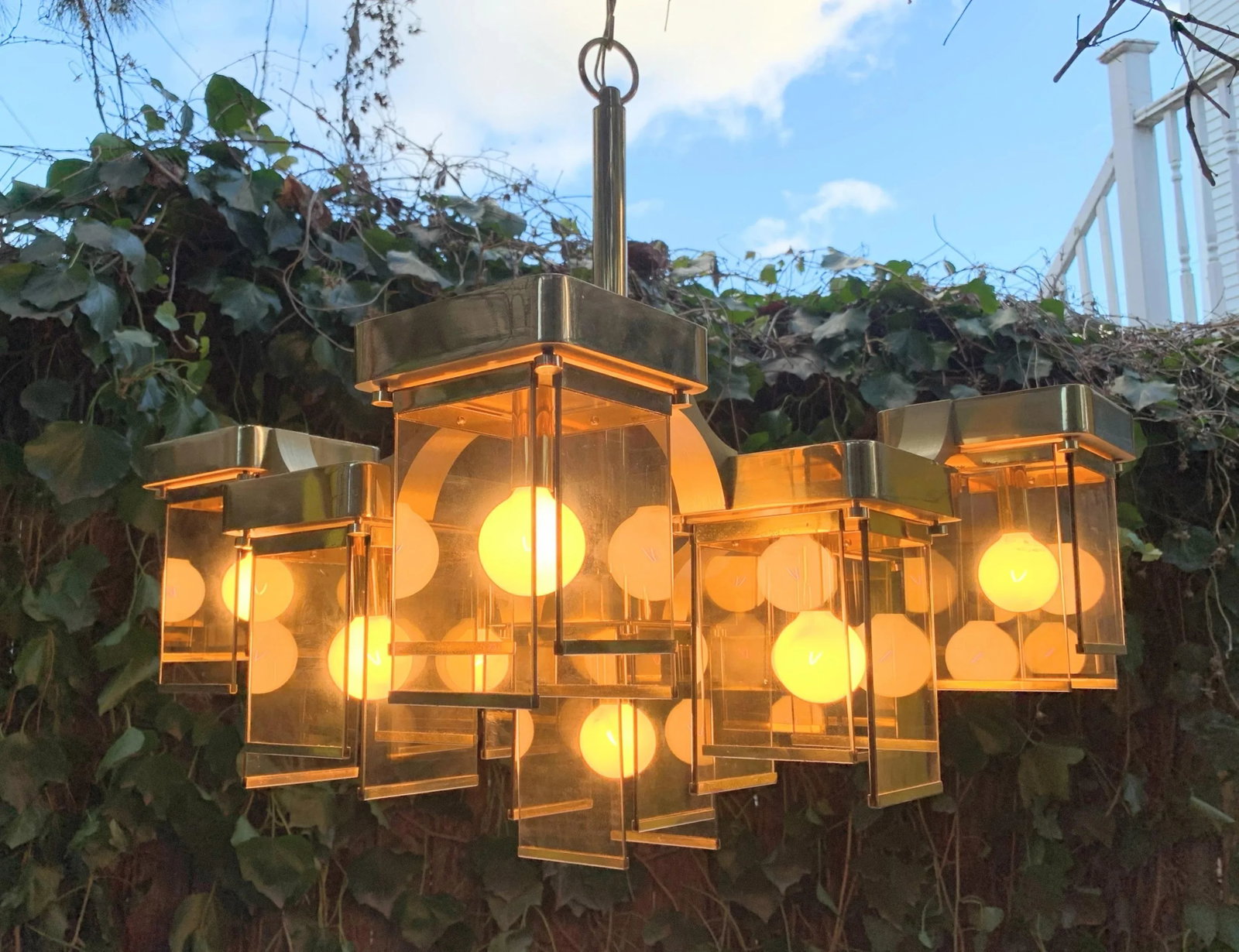 1970s Italian Gaetano Sciolari Midcentury Modern Brutalist 9-Arm Brass and Smoke Glass Chandelier - 9