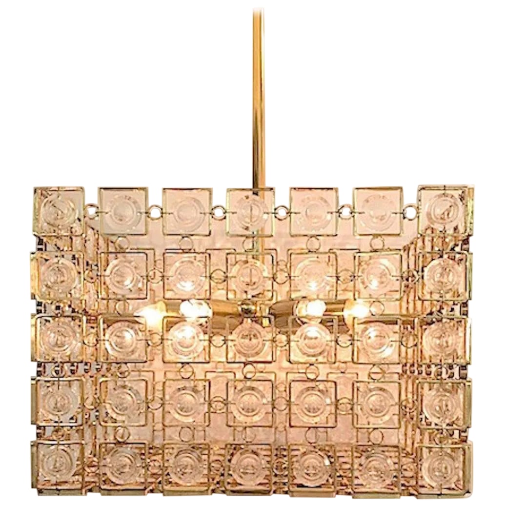 Italian 1970s Sciolari Gold and Crystal Disk Geometric Cube Chandelier: A truly unique and beautiful Italian 1970s gold on brass chandelier in a cube shape with crystal disk accents and attributed to Sciolari of Italy. The four sides and bottom are panels of larger