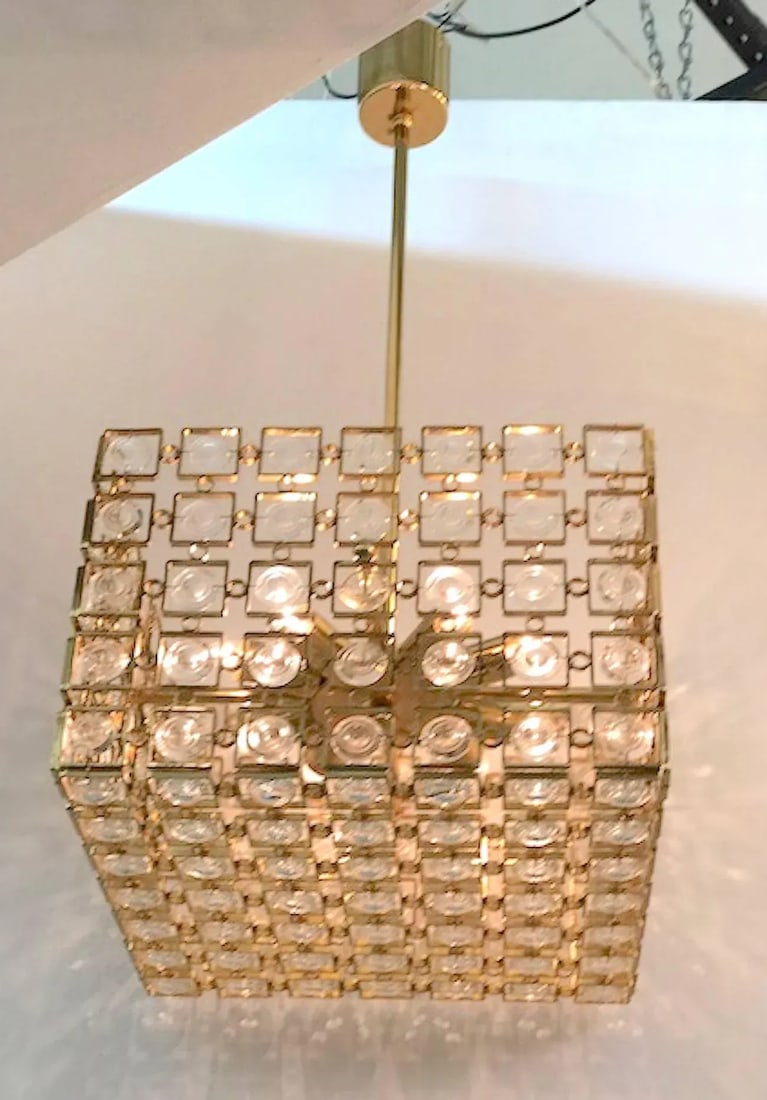 Italian 1970s Sciolari Gold and Crystal Disk Geometric Cube Chandelier - 2