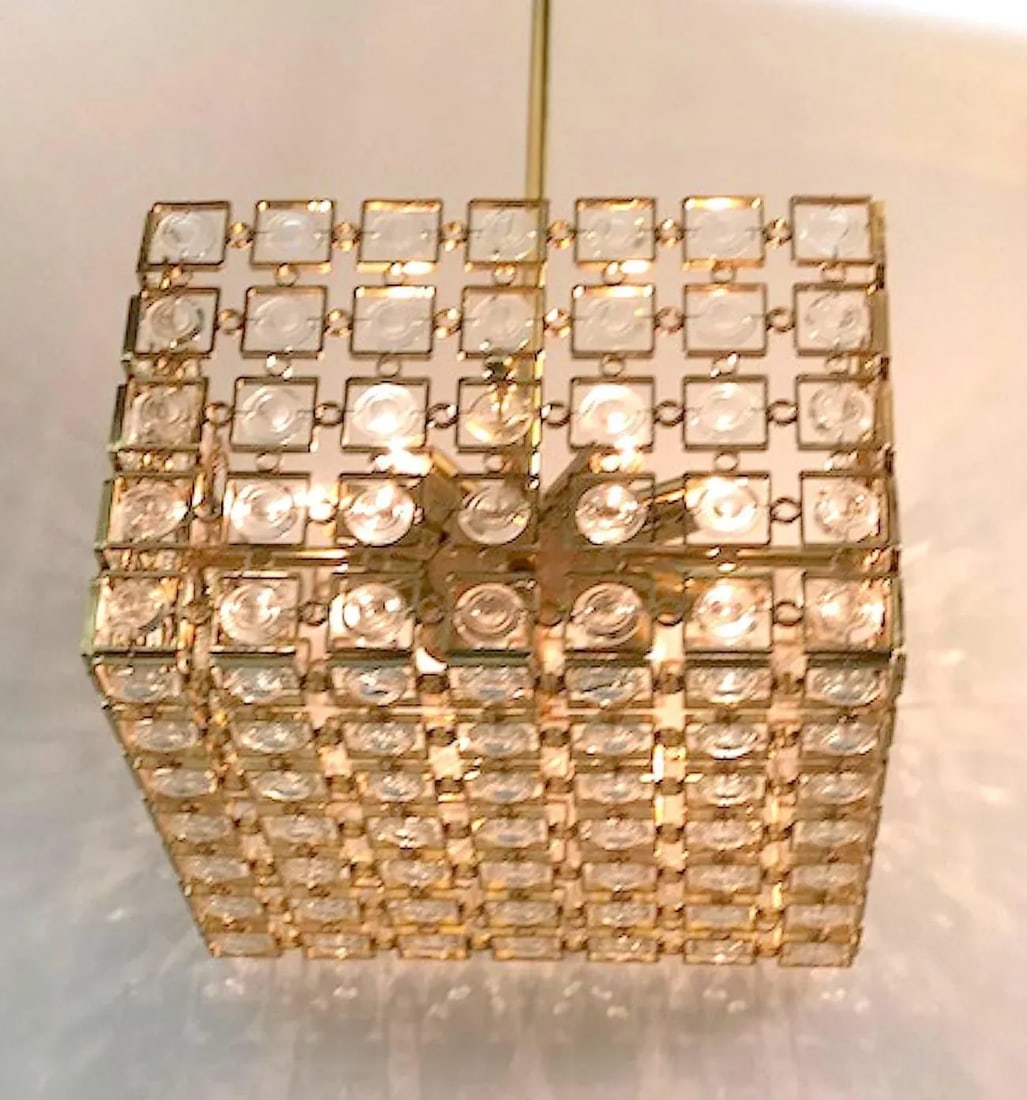Italian 1970s Sciolari Gold and Crystal Disk Geometric Cube Chandelier - 3