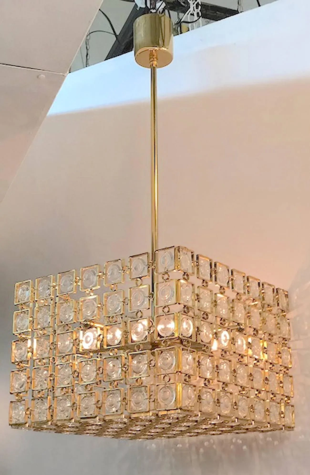 Italian 1970s Sciolari Gold and Crystal Disk Geometric Cube Chandelier - 4