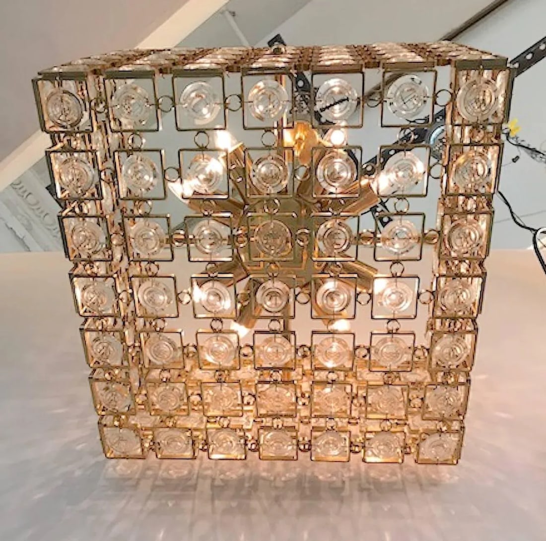 Italian 1970s Sciolari Gold and Crystal Disk Geometric Cube Chandelier - 5