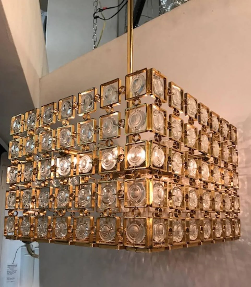 Italian 1970s Sciolari Gold and Crystal Disk Geometric Cube Chandelier - 8