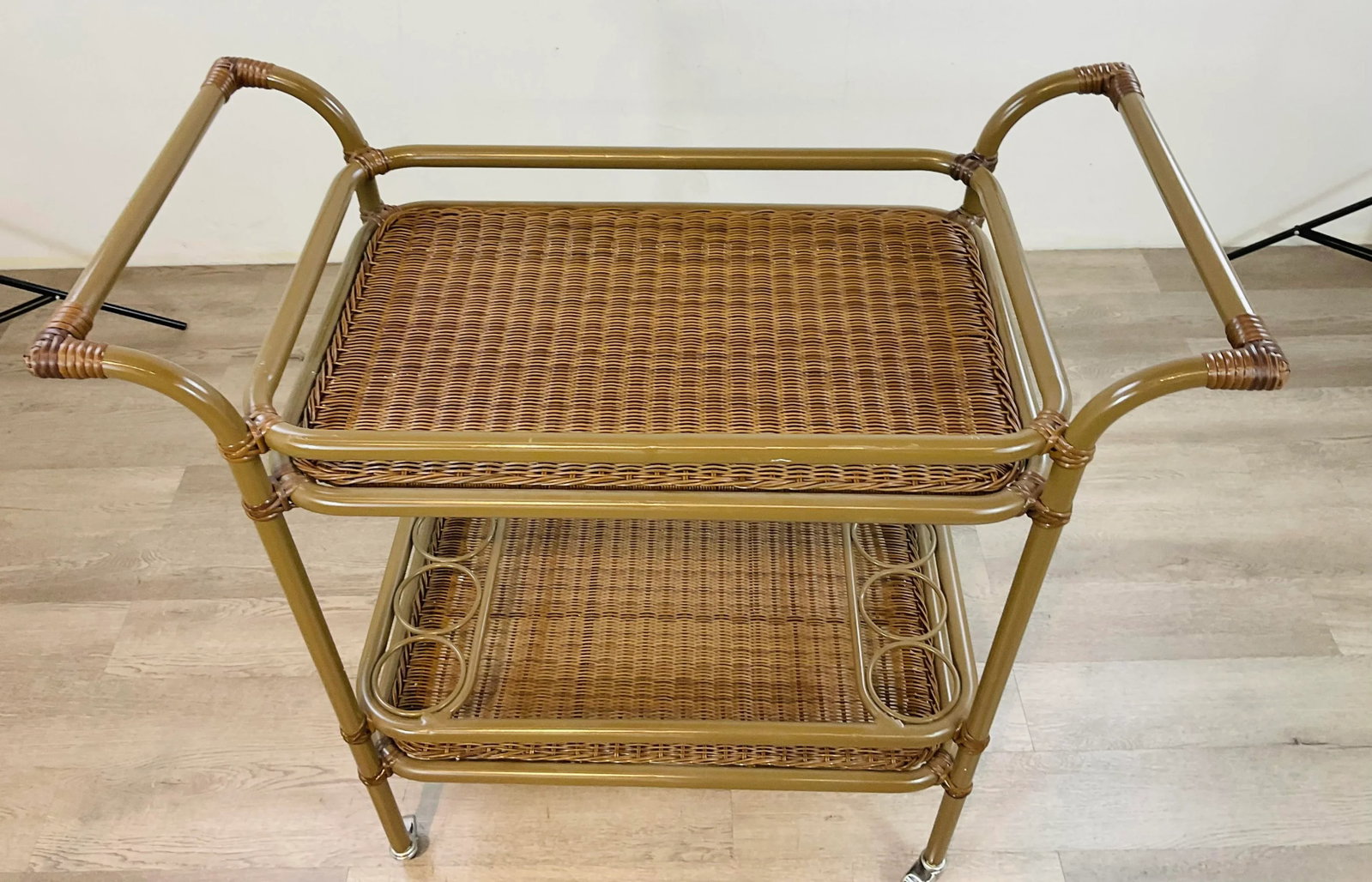 Made Goods Organic Modern Indoor/Outdoor Chestnut Faux Wicker Torrey Bar Cart - 2