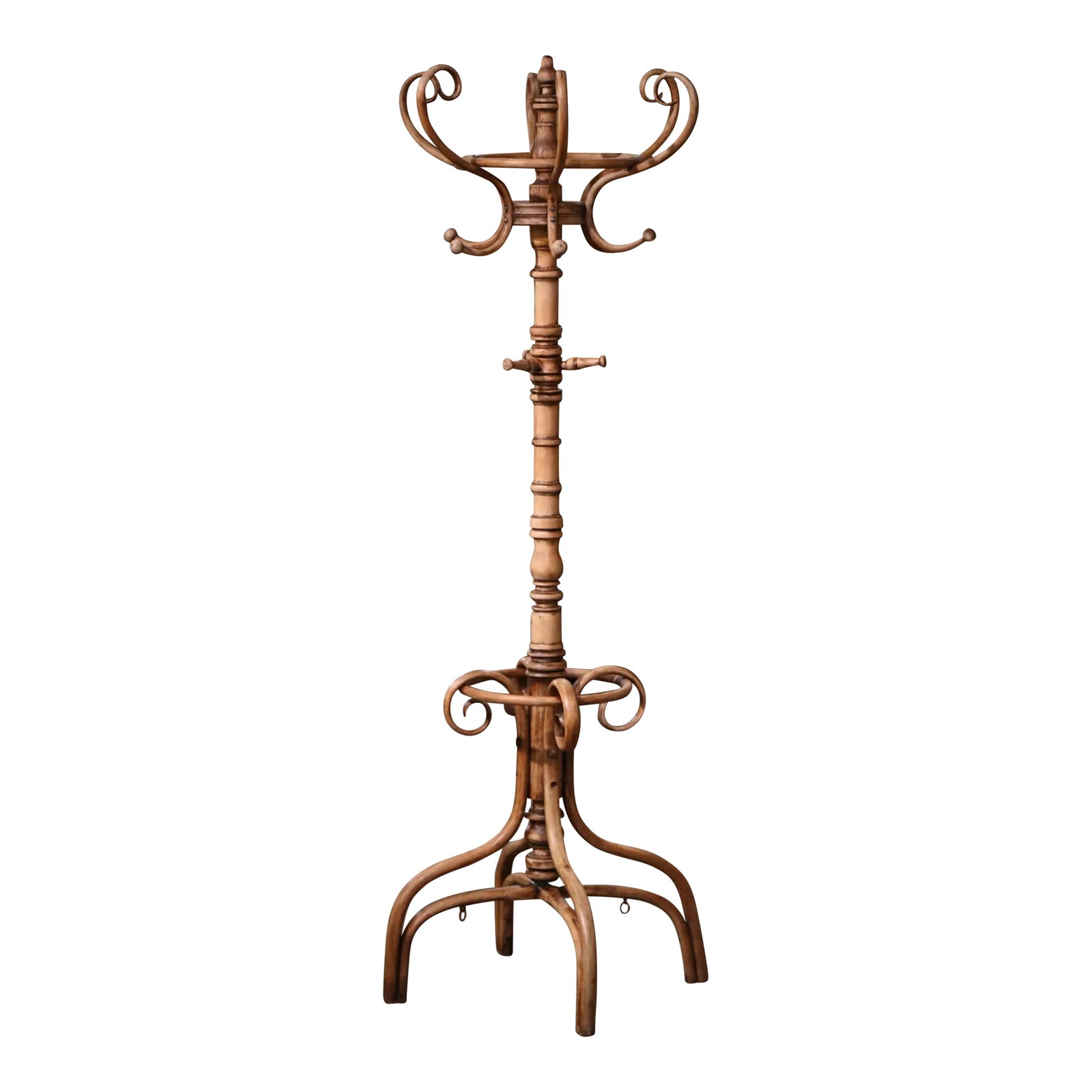 Early 20th Century Thonet Style Bleached Bentwood Swivel Hall Tree Coat Stand: Bring a retro, yet practical touch to any entry or dressing area with this elegant, carved "Perroquet" coat stand. The useful hat rack was crafted in France, circa 1920 in the style of German-Austrian