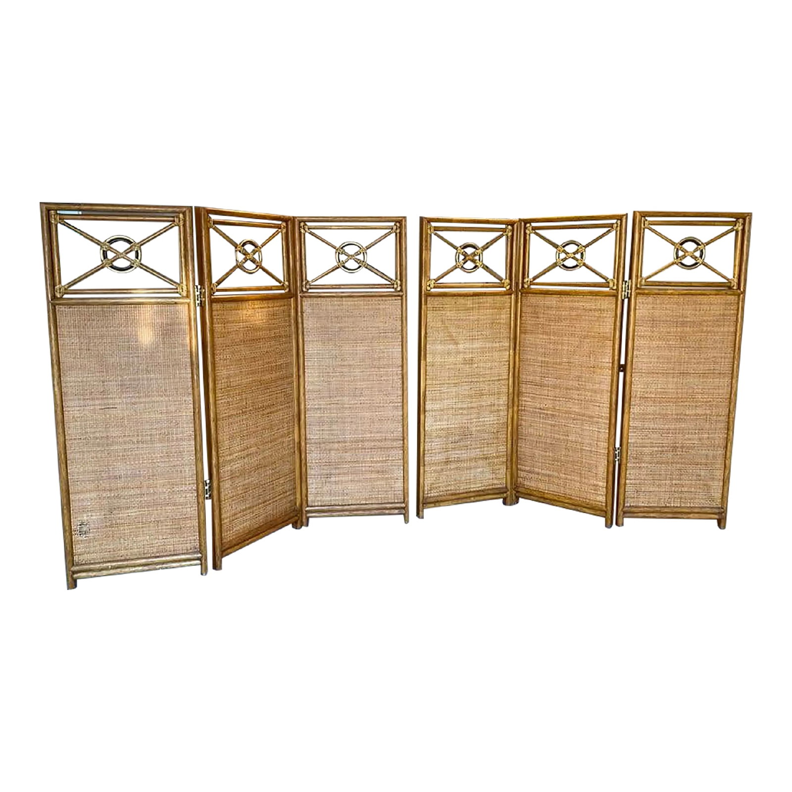 Late 20th Century Vintage McGuire Target Rattan & Woven 3-Panel Room Dividers- Set of 2: Absolutely gorgeous & substantial McGuire Room Dividers/Privacy Screens with the classic target, which is black and gold. Listing is for two 3~panel sets. A total of 6 panels. The 6 panels cannot be