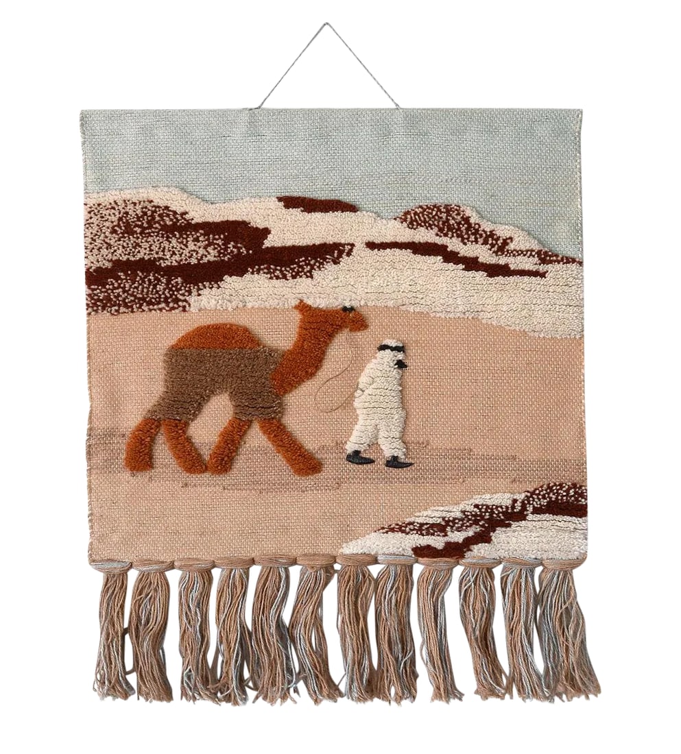 1970s Vintage Habitat Terence Conran Desert Scene Macrame Wall Hanging: A real vintage gem from Terence Conran's design company Habitat dating back to the 1970s. This unique wallhanging depicts a desert scene with a man walking a camel with mountains in the background. A 