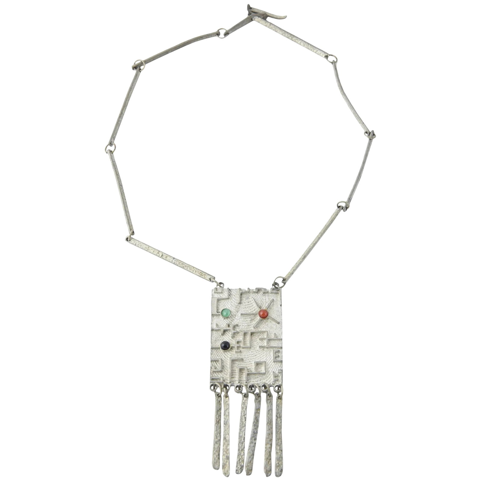 Brutalist Modernist Sterling Space Age Tassel Necklace: Interesting Space Age Modernist Brutalist Necklace featuring a maze design with gemstones and silver tassels. Made of sterling silver Marked Sterling with a AR makers mark H 4.35 in. x W 1.60 in. x D