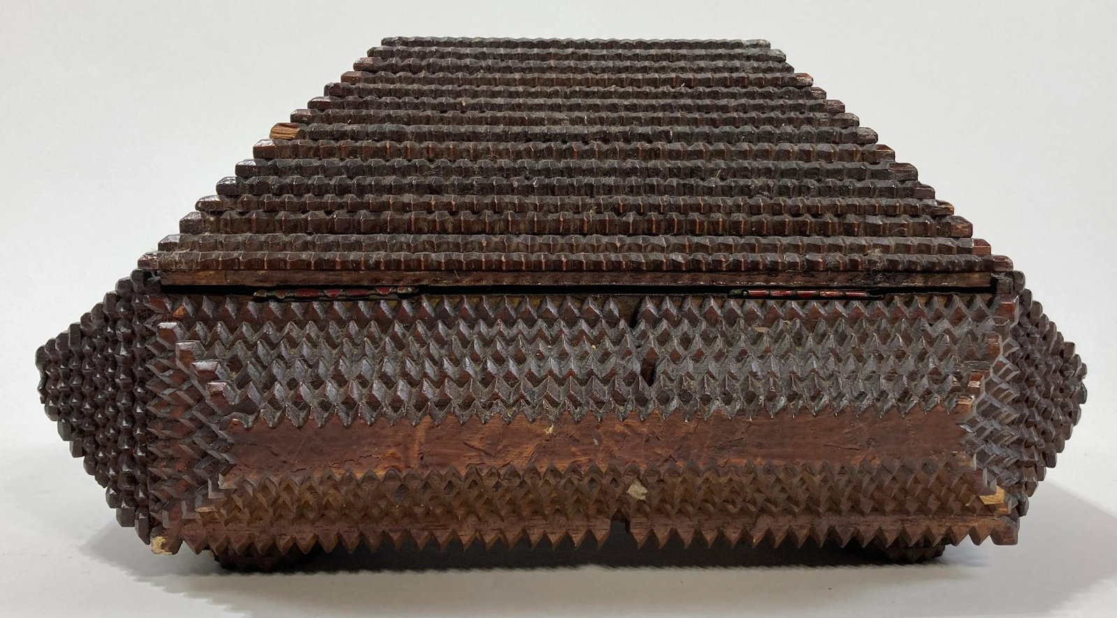 Antique Handmade Steeple Wood Tramp Art Box - 11