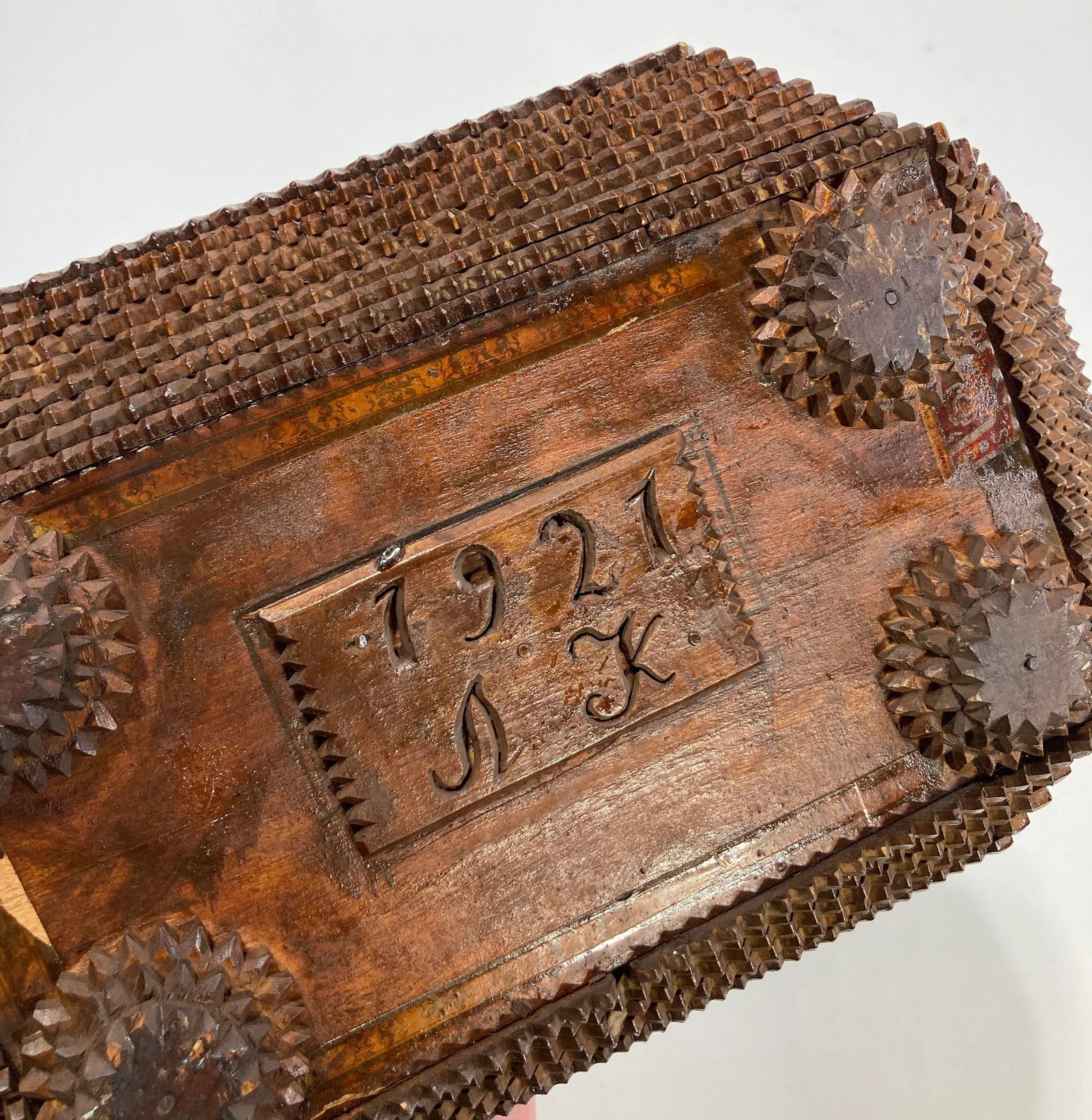 Antique Handmade Steeple Wood Tramp Art Box - 15