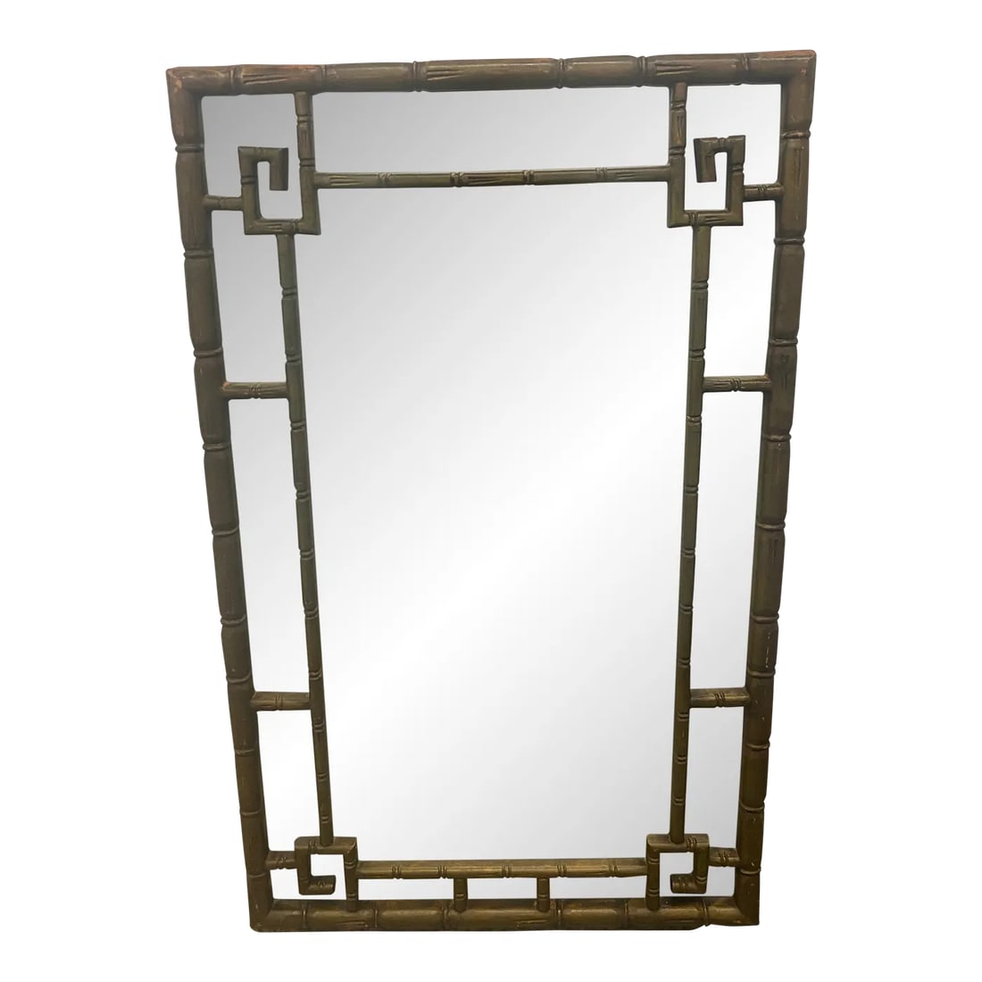 1960s Hollywood Regency Greek Key Faux Bamboo Wall Mirror: Faux bamboo Greek Key wall mirror regular size painted in green ,good condition ready to get other color not necessary ( black ,yellow or gold ) and hang it at the entry way or on top of the chimney