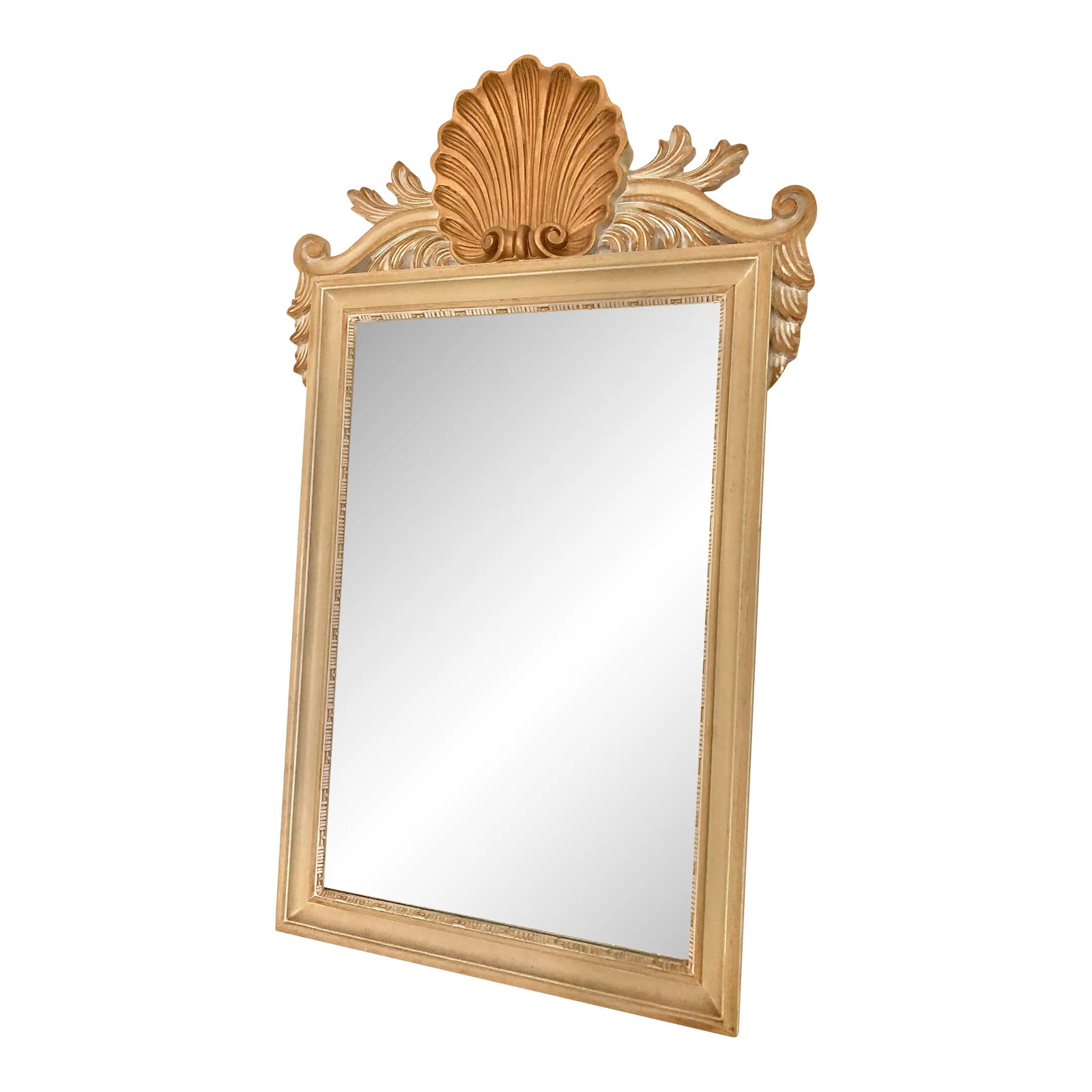 Vintage Hollywood Regency Shell Motif Wall Mirror: Glamorous Hollywood Regency style beveled mirror inset a beautifully finished platinum and gold gilt wooden frame with scrolling acanthus leaf design and a centered large scale shell motif crest.