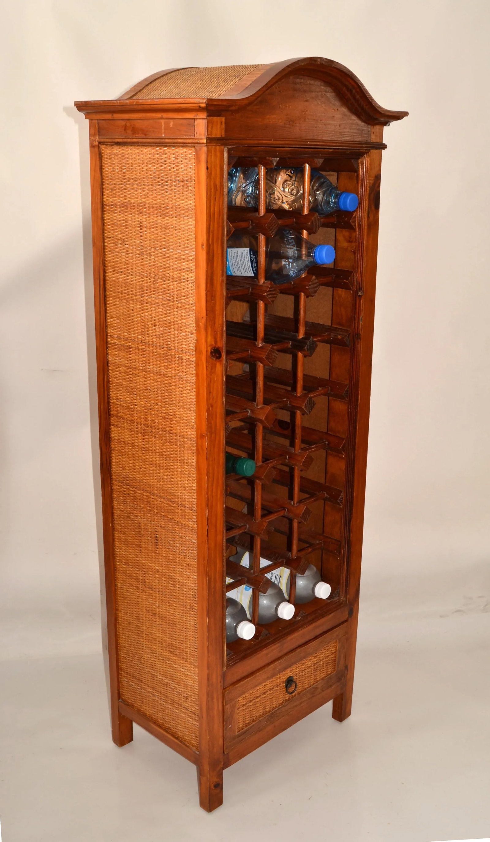1970s Bohemian Pagoda Style Hardwood Woven Caning 24 Bottles Wine Stand Rack - 3