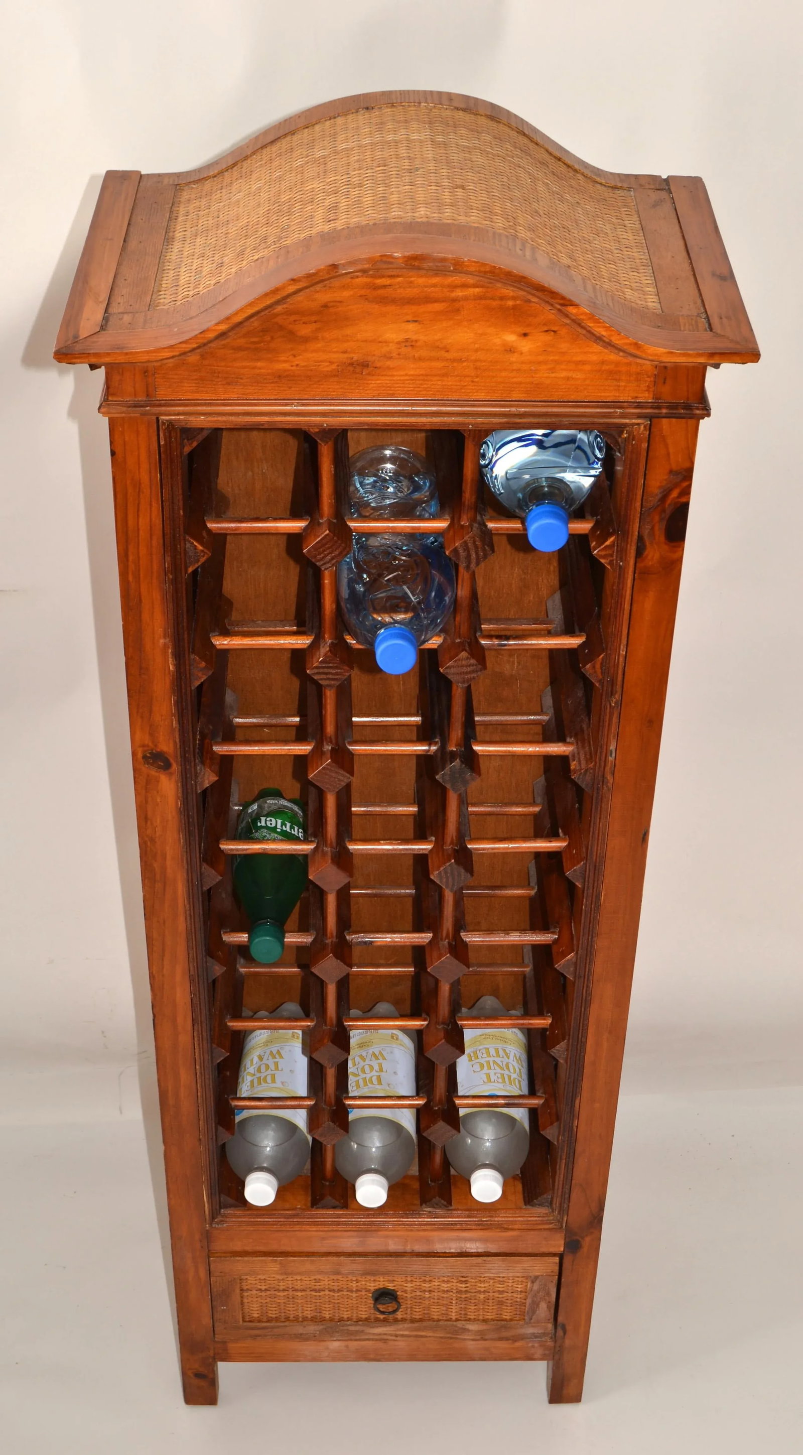 1970s Bohemian Pagoda Style Hardwood Woven Caning 24 Bottles Wine Stand Rack - 9