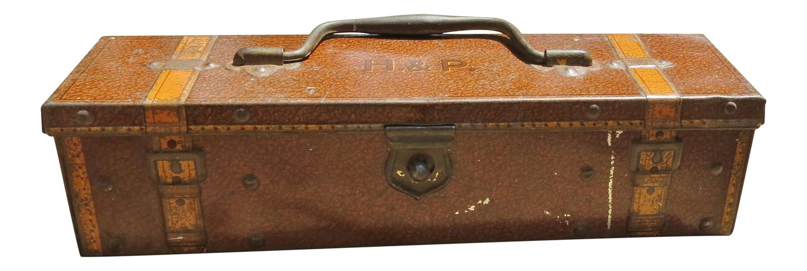 Early 20th Century Antique Huntley and Palmers Biscuit Tin: This is a rare Huntley and Palmers Biscuit (cookie) tin made in England from 1912 to 1913. Highly collectible, it is a metal tin decorated to look like a small leather pencil box with straps and