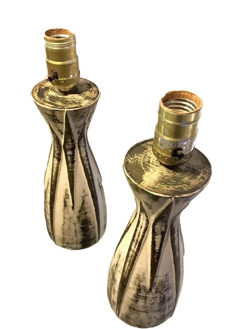 1950s Molded Ceramic Table Lamps, Hand Painted With Embossed Pattern - a Pair - 2